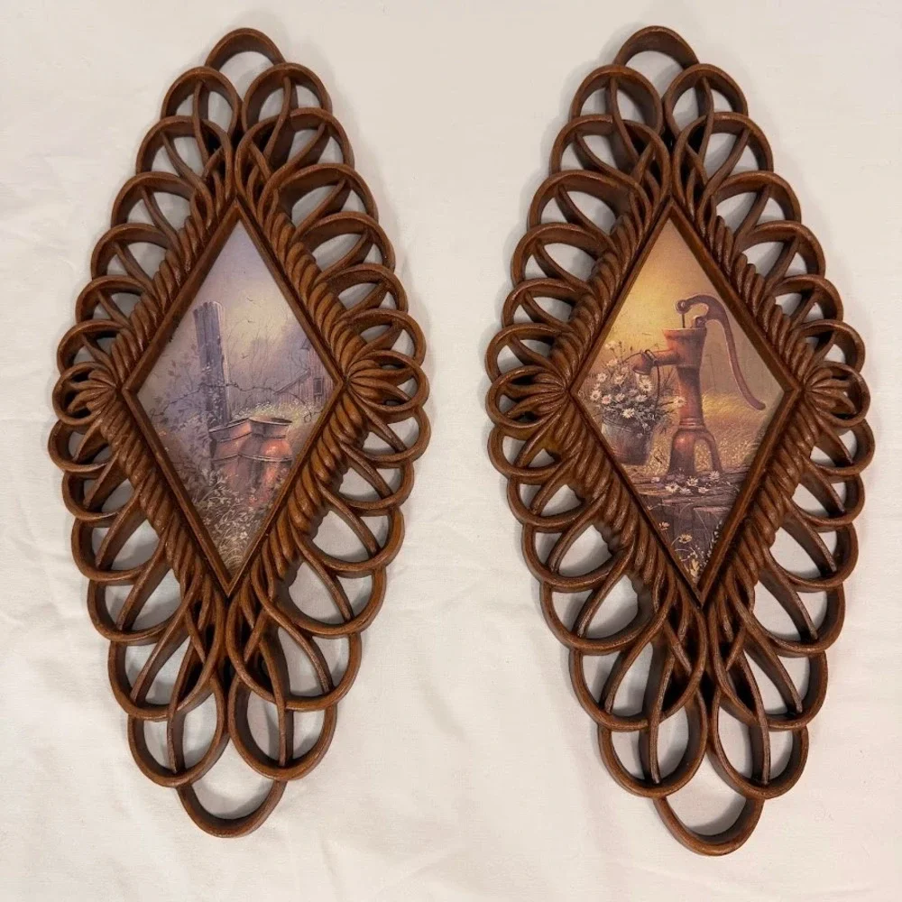 Vintage 1975 Burwood Products Co Wall Plaques Set‎ 2 Country Scenes Brown Retro